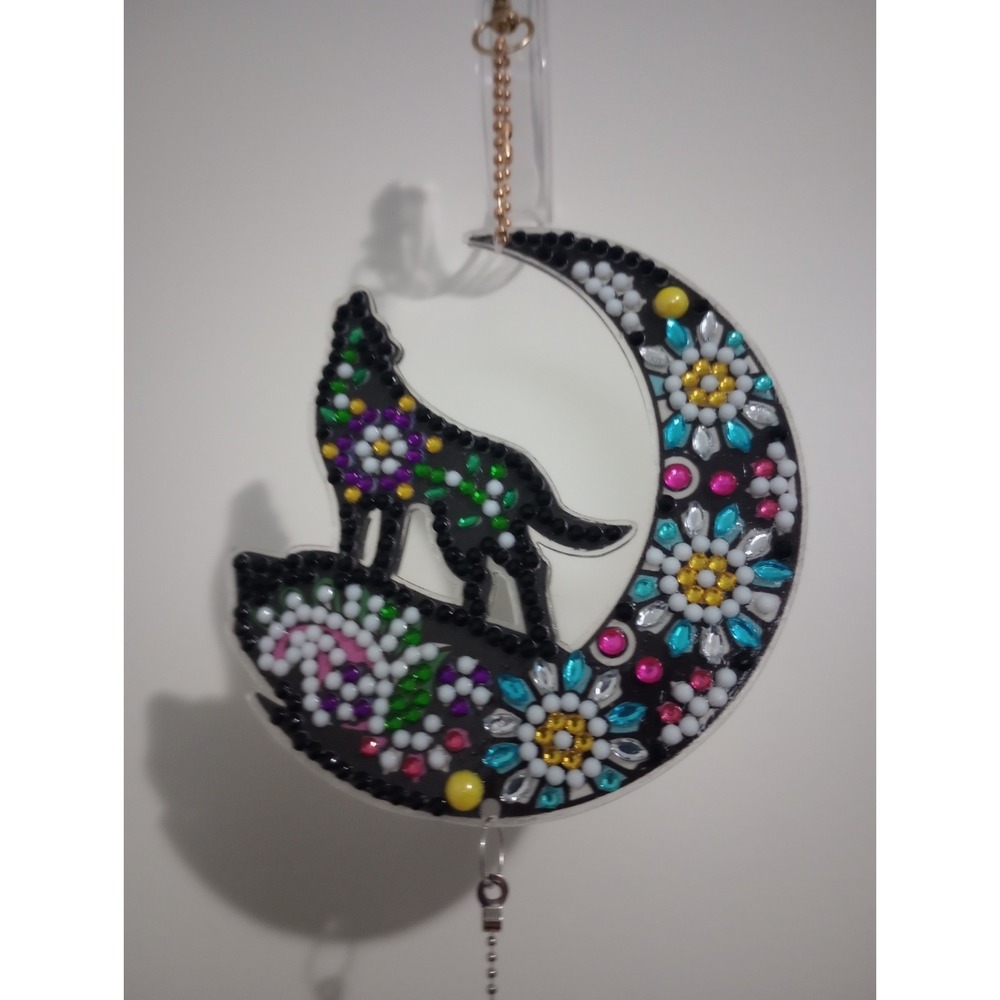 Wolf Howling at Moon Suncatcher Rhinestone Beaded Hanging Ornament Crystal Prism